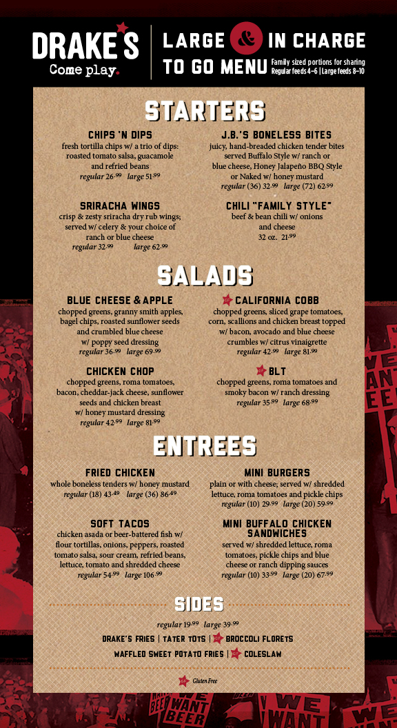 Large Party ToGo Menu Drake's Come Play